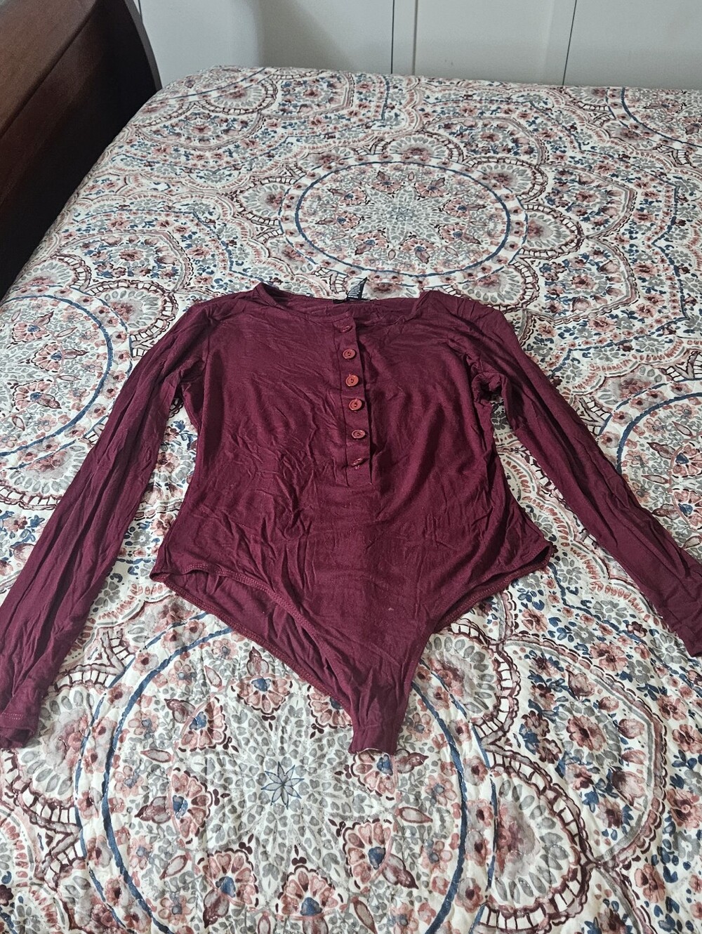 Women's Long-Sleeve Button-Front Bodysuit - Burgundy